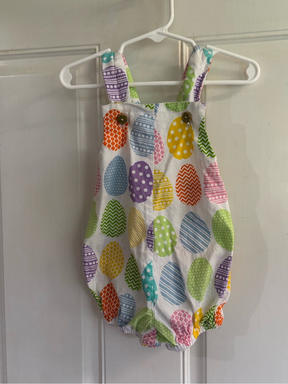 12M Custom made multicolor Easter Egg cross/cross back sleeveless romper. In EUC
